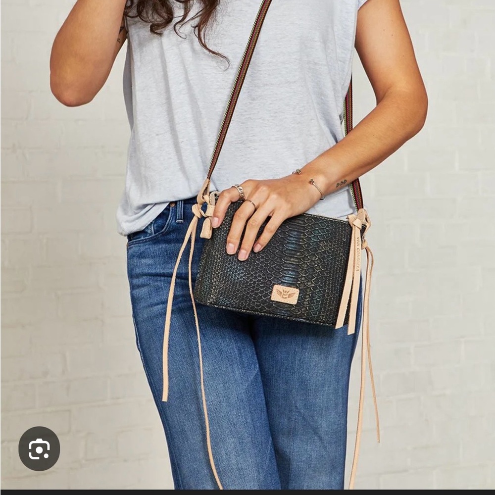 Consuela Black/Blue Croc-Embossed Crossbody with Tan Accents